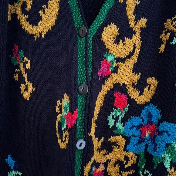 LIZ CLAIBORNE Vintage Women's Knit Cardigan Sweater Small Blue Floral Silk 80s - Picture 3 of 6